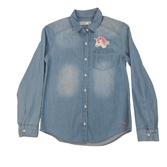 Abercrombie Kids Denim Unicorn Ice Cream Embroidered Button-Up Shirt Girls' 13 - Picture 2 of 9